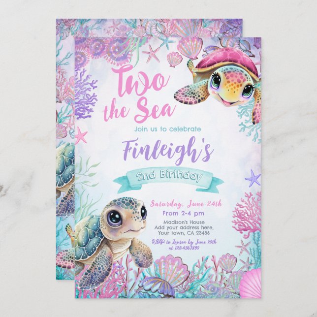 Sea Turtle 2nd Birthday Invitation (Front/Back)