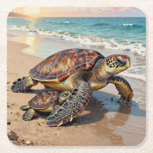 Sea Turtle and Baby Illustration Square Paper Coaster