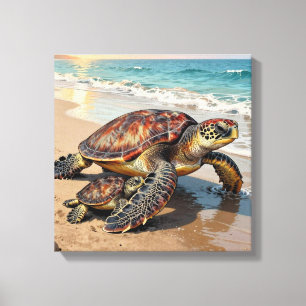 Sea Turtle and Baby on Beach Illustration Canvas Print