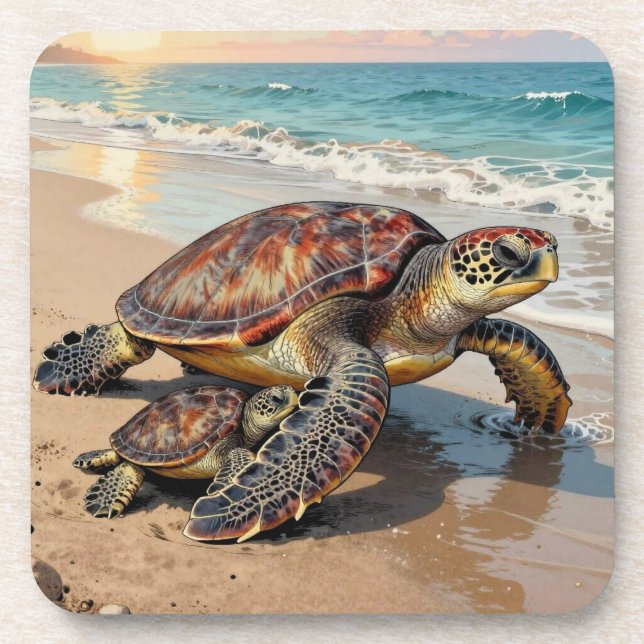 Sea Turtle and Baby on Beach Illustration Coaster (Front)