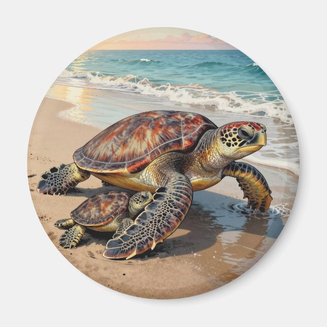 Sea Turtle and Baby on Beach Illustration Magnet (Front)