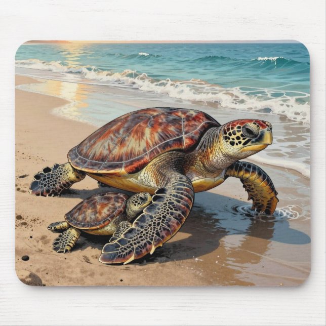 Sea Turtle and Baby on Beach Illustration Mouse Mat (Front)
