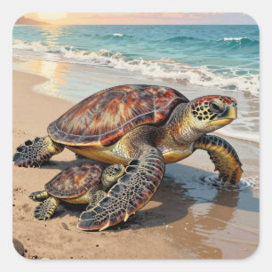 Sea Turtle and Baby on Beach Illustration Square Sticker