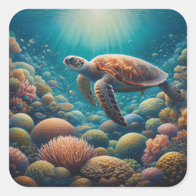 Sea Turtle and Coral Square Sticker (Front)