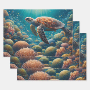 Sea Turtle and Coral Wrapping Paper Sheet
