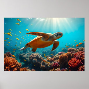 Sea Turtle and Many Small Fish Underwater  Poster