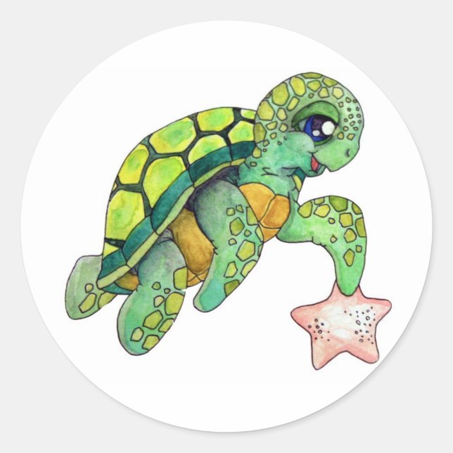 Sea Turtle and Starfish Classic Round Sticker (Front)