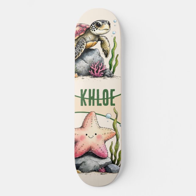 Sea Turtle and Starfish Ocean Art Skateboard (Front)