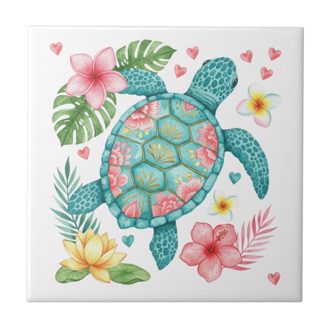 Sea Turtle and Tropical Flowers Tile (Front)