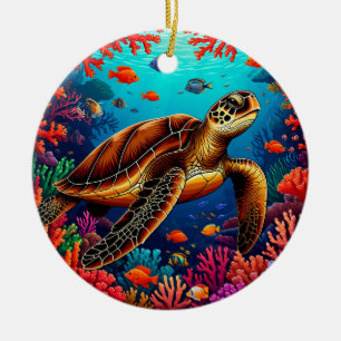Sea Turtle and Vibrant Coral Reef Ceramic Tree Decoration