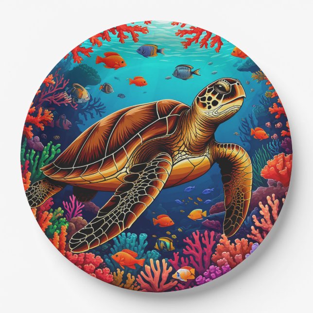 Sea Turtle and Vibrant Coral Reef Paper Plate (Front)