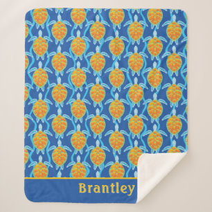 Sea Turtle and Waves Blue Background With Name Sherpa Blanket