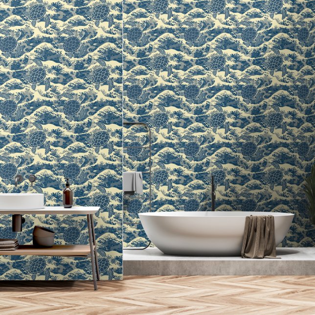 Sea Turtle And Waves Pattern Wallpaper (Bathroom)
