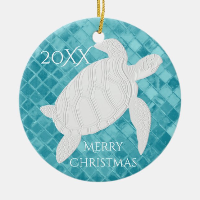 Sea Turtle Aqua Sea Glass Personalise Ceramic Tree Decoration (Front)