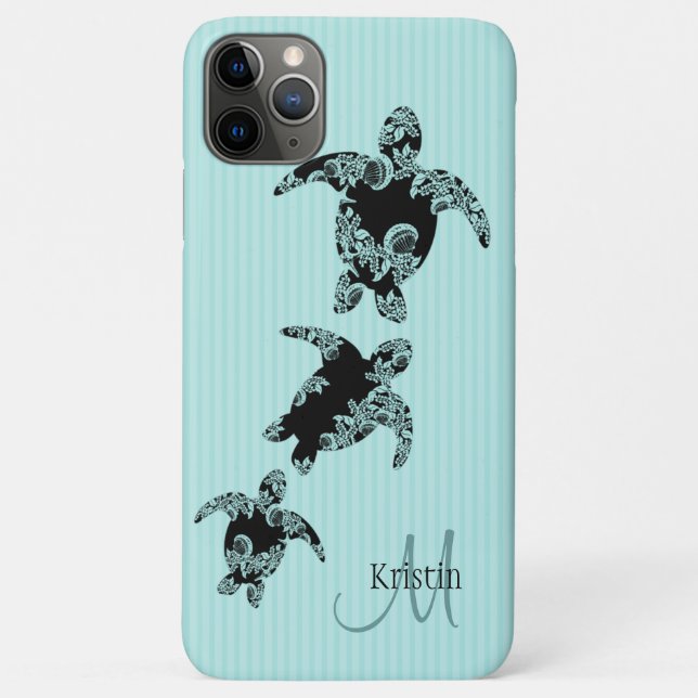 Sea Turtle Aqua Stripe with Monogram Case-Mate iPhone Case (Back)