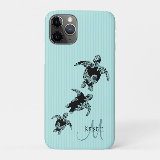 Sea Turtle Aqua Stripe with Monogram Case-Mate iPhone Case (Back)