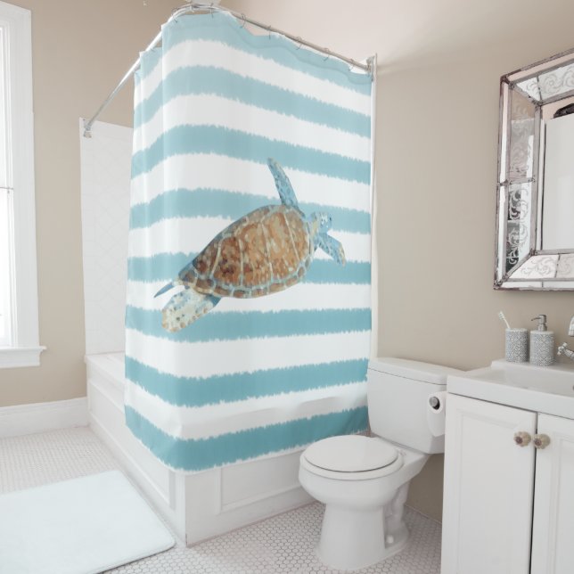 Sea Turtle Art Blue Stripes Shower Curtain (In Situ)