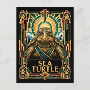 Sea Turtle, Art Deco Wildlife Postcard