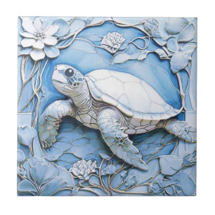 Sea Turtle Art Nouveau Faux Relief Blue Ocean Life Tile