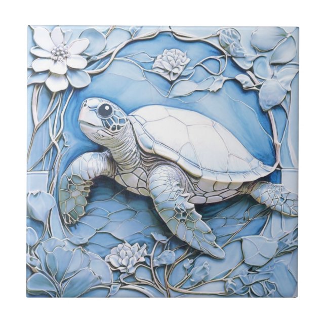 Sea Turtle Art Nouveau Faux Relief Blue Ocean Life Tile (Front)