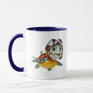 Sea Turtle Aviator Cute Flying Character Blue Acce Mug