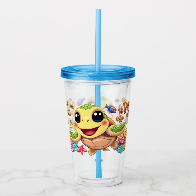 Sea Turtle Baby Happy and Cute Character Acrylic Tumbler (Front)