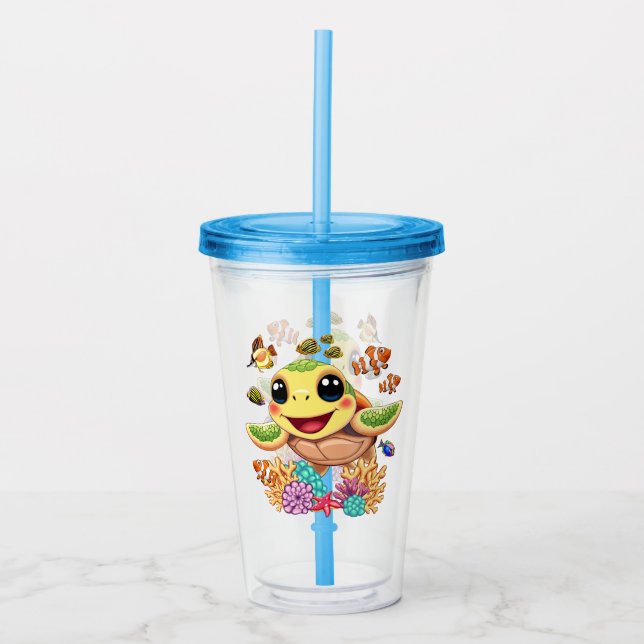 Sea Turtle Baby Happy and Cute Character Acrylic Tumbler (Front)