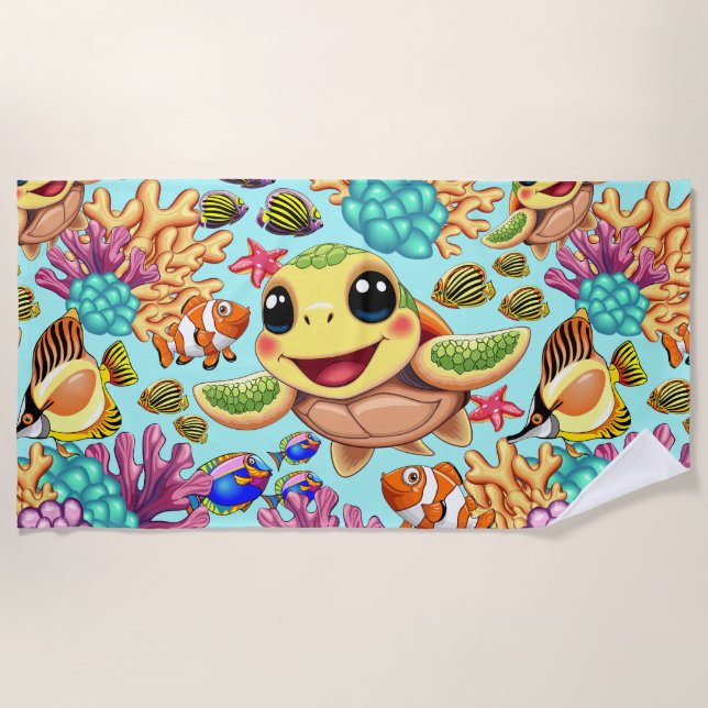 Sea Turtle Baby Happy and Cute Character Beach Towel (Front)