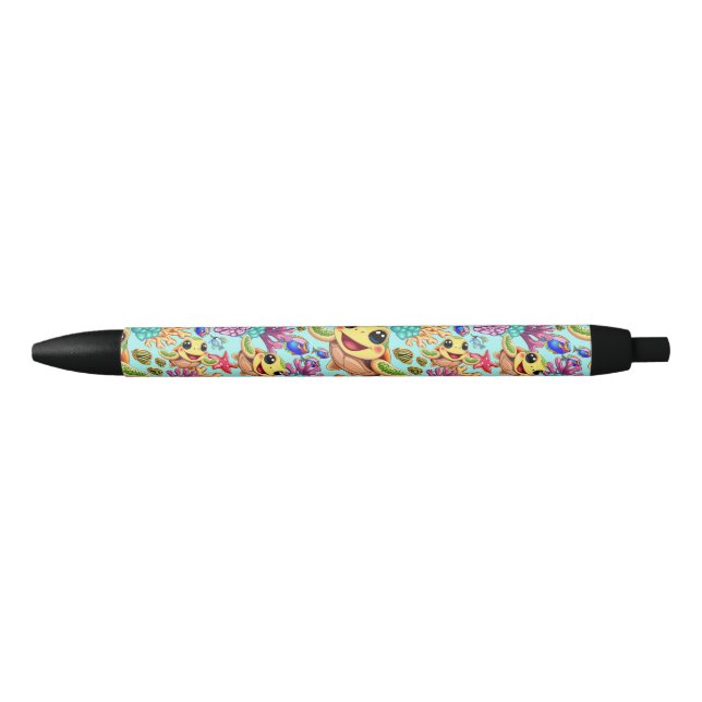 Sea Turtle Baby Happy and Cute Character Black Ink Pen (Front)