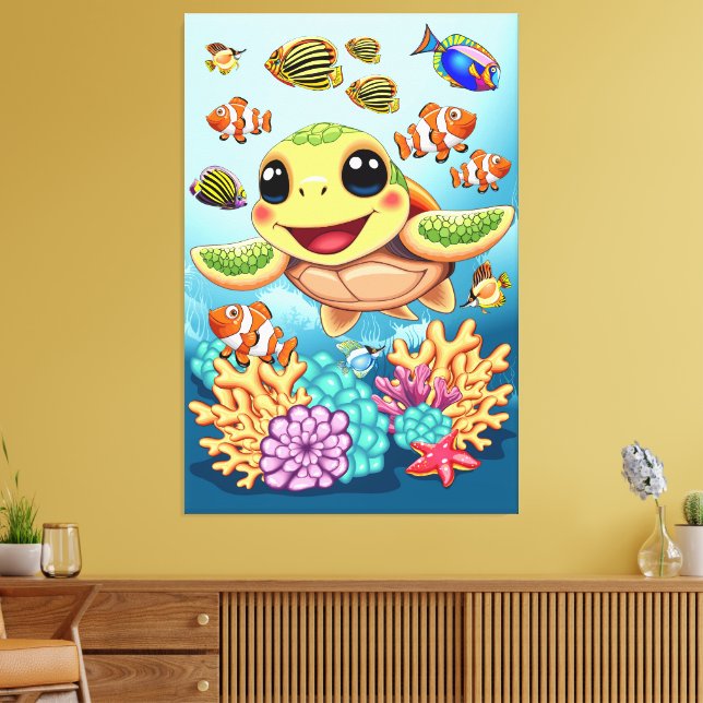 Sea Turtle Baby Happy and Cute Character Canvas Print (Insitu(LivingRoom))