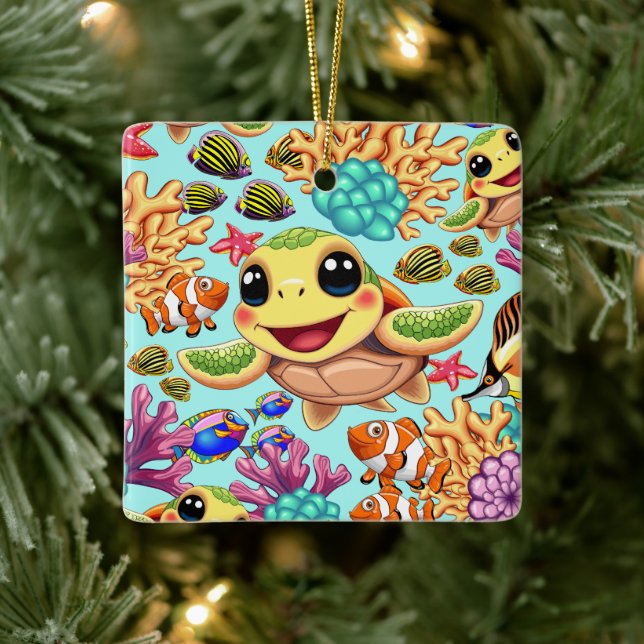 Sea Turtle Baby Happy and Cute Character Ceramic Ornament (Tree)