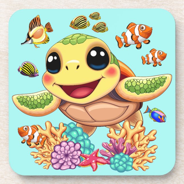 Sea Turtle Baby Happy and Cute Character Coaster (Front)