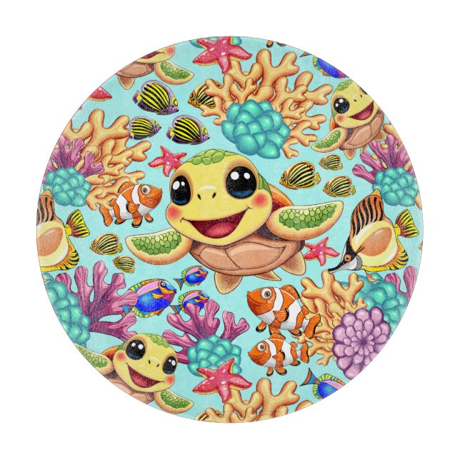 Sea Turtle Baby Happy and Cute Character Cutting Board (Front)