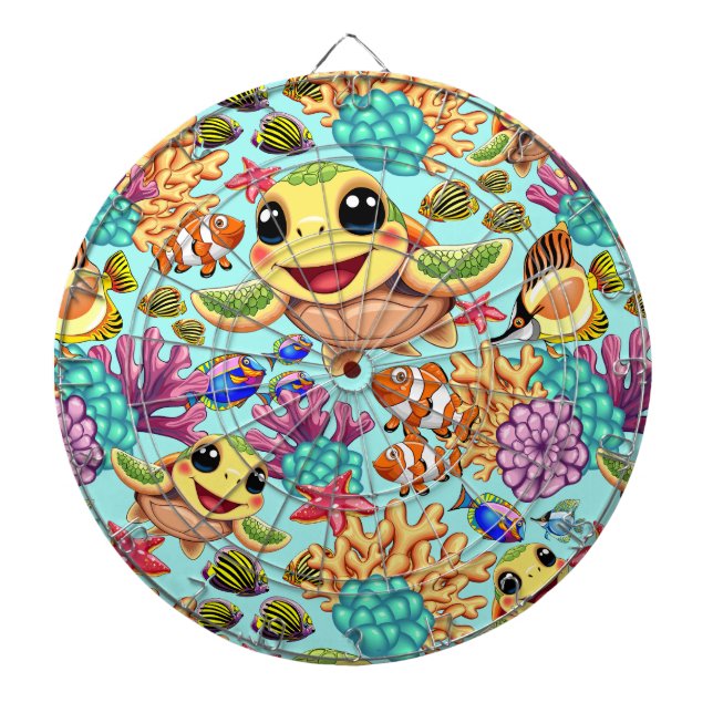 Sea Turtle Baby Happy and Cute Character Dartboard (Front)