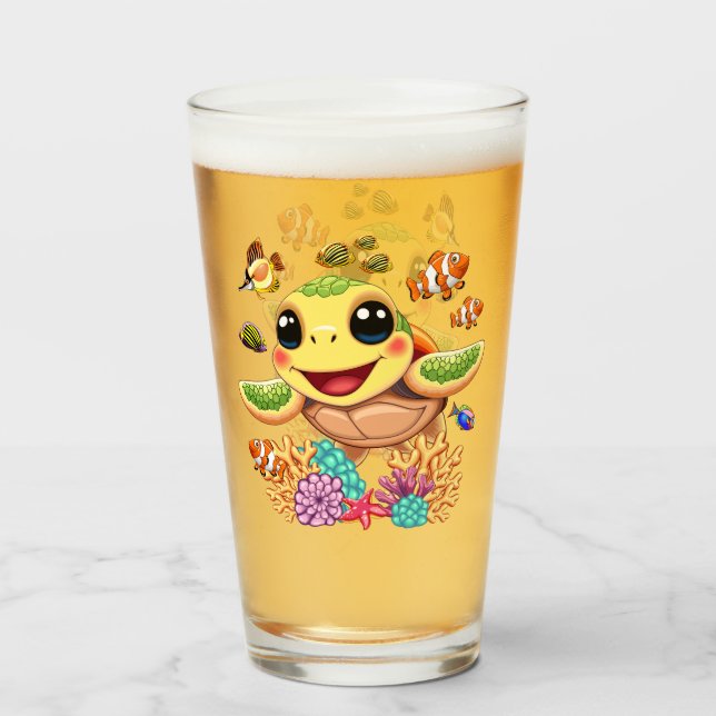 Sea Turtle Baby Happy and Cute Character Glass (Front Filled)