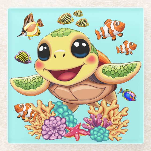 Sea Turtle Baby Happy and Cute Character Glass Coaster (Front)