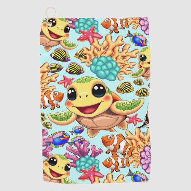 Sea Turtle Baby Happy and Cute Character Golf Towel (Front)