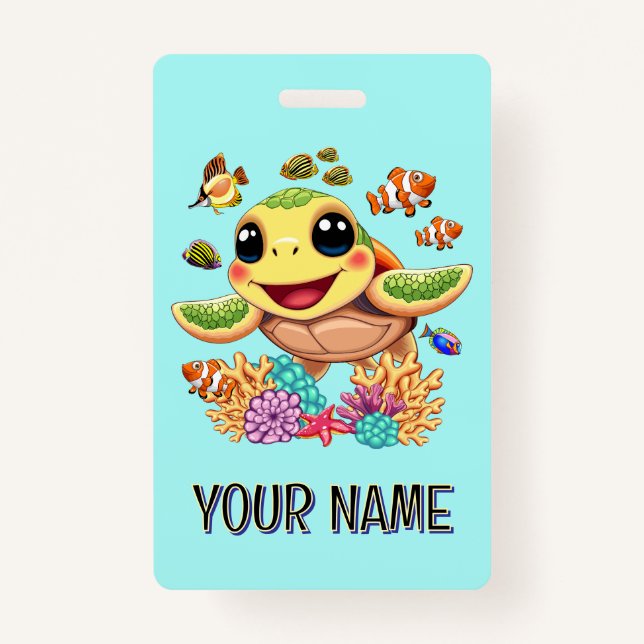 Sea Turtle Baby Happy and Cute Character ID Badge (Front)