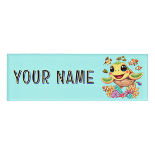 Sea Turtle Baby Happy and Cute Character Name Tag
