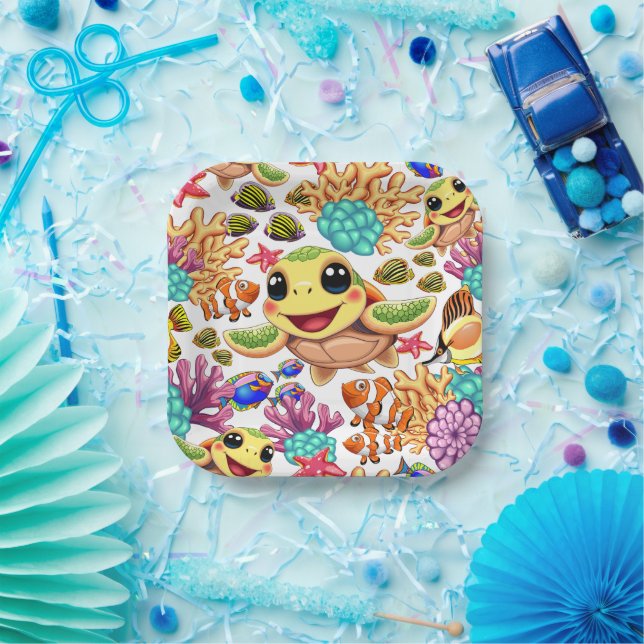 Sea Turtle Baby Happy and Cute Character Paper Plate (Party)