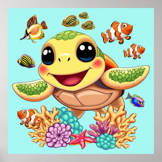 Sea Turtle Baby Happy and Cute Character Poster (Front)