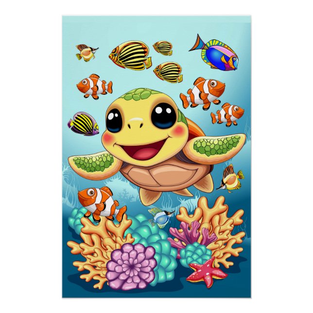 Sea Turtle Baby Happy and Cute Character Poster (Front)