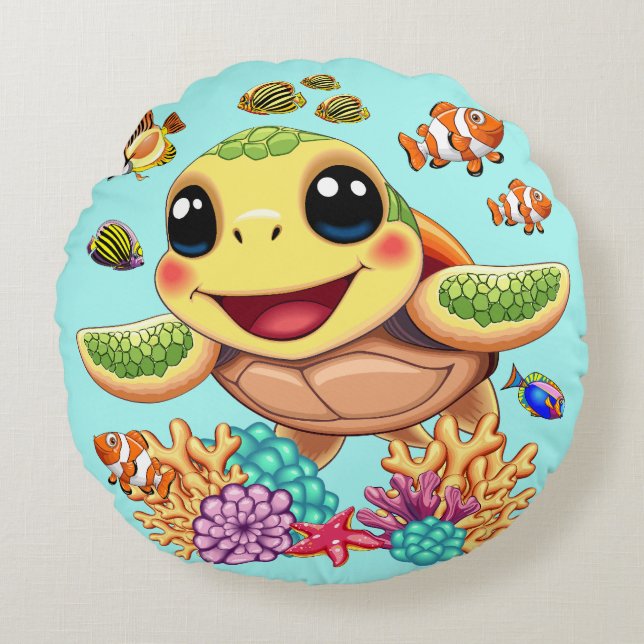 Sea Turtle Baby Happy and Cute Character Round Cushion (Front)