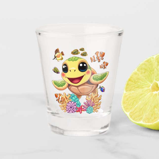 Sea Turtle Baby Happy and Cute Character Shot Glass (Front)