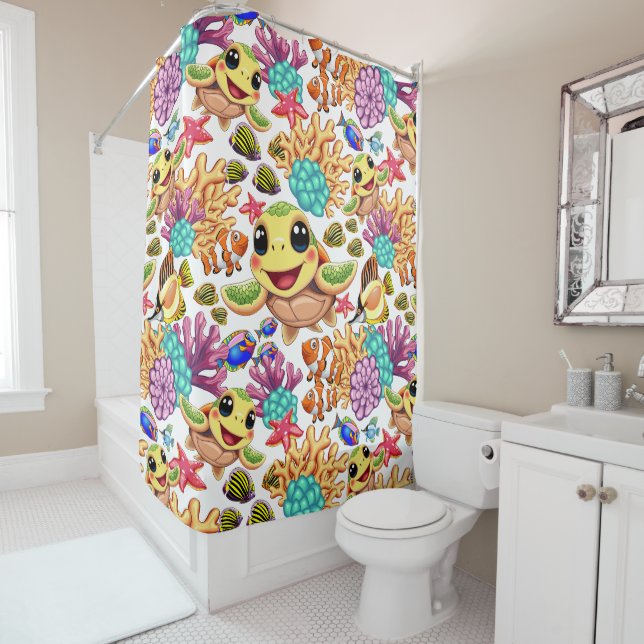 Sea Turtle Baby Happy and Cute Character Shower Curtain (In Situ)
