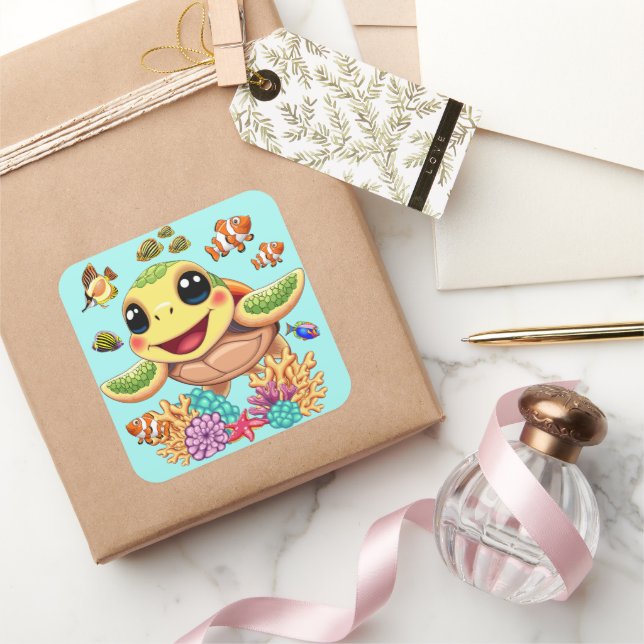 Sea Turtle Baby Happy and Cute Character Square Sticker (Gifting)