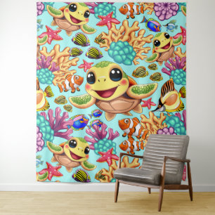 Sea Turtle Baby Happy and Cute Character Tapestry