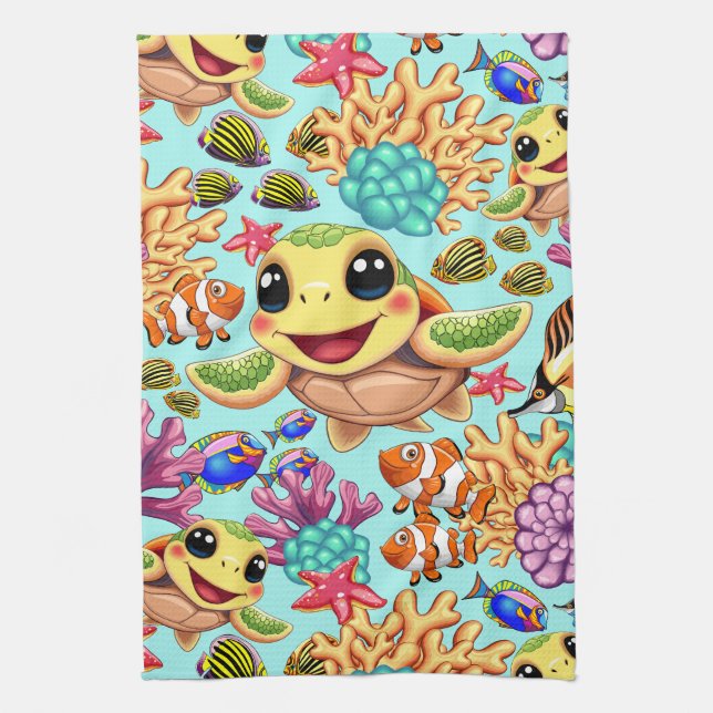 Sea Turtle Baby Happy and Cute Character Tea Towel (Vertical)