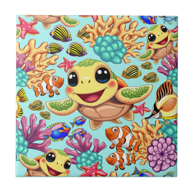 Sea Turtle Baby Happy and Cute Character Tile (Front)