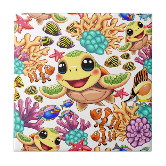 Sea Turtle Baby Happy and Cute Character Tile (Front)